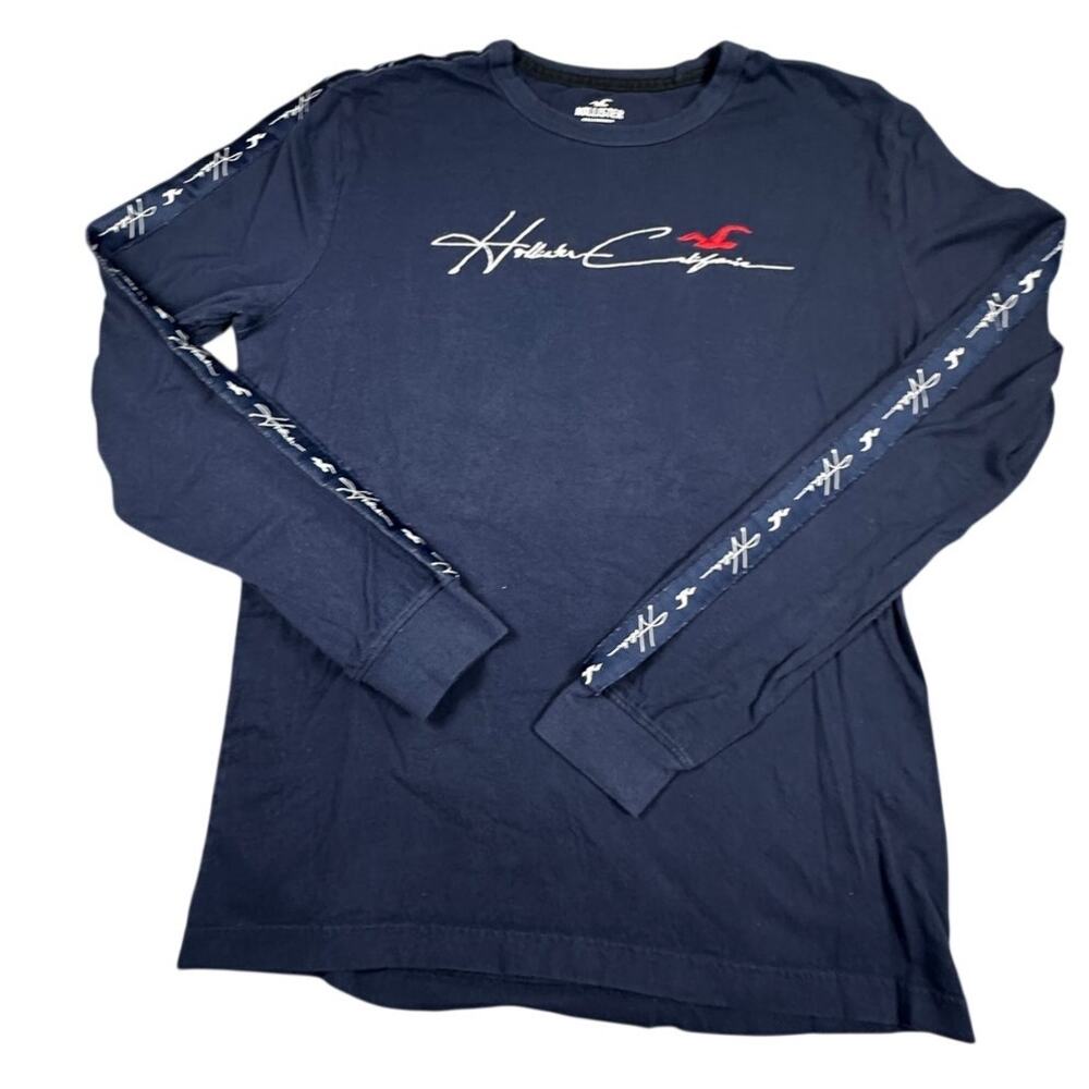 Hollister Shirt Embroidered Script Sleeve Tape Cotton Navy M